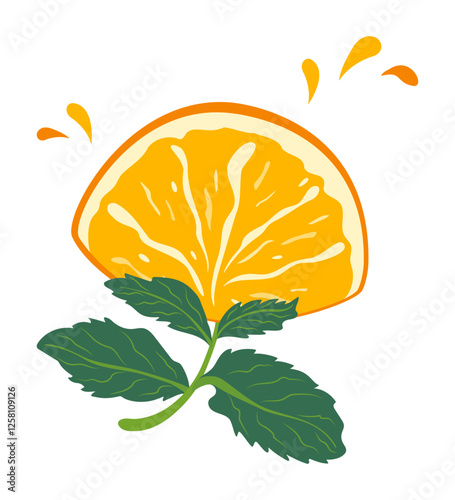 The symbol of spring sunshine is a bright juicy orange like a blossoming flower. Vector isolated drawing vitamin growth and health vitamin D3 and C. Orange citrus slice and mint leaves for healthy
