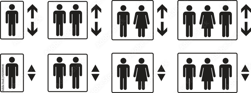 Collection of elevator vector icons with up or down arrows in silhouette style. Symbol of advice or road access information for the public. Vector illustration Collection of elevator vector icons with up or down arrows in silhouette style. Symbol of advice or road access information for the public. Vector illustration