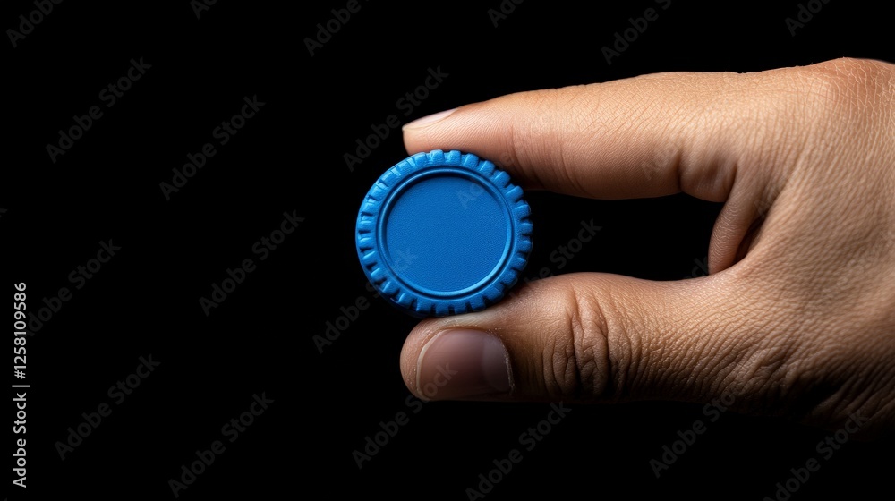 Hand Holding Blue Bottle Cap on Black Background for Creative Projects Hand Holding Blue Bottle Cap on Black Background for Creative Projects