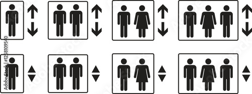 Collection of elevator vector icons with up or down arrows in silhouette style. Symbol of advice or road access information for the public. Vector illustration
