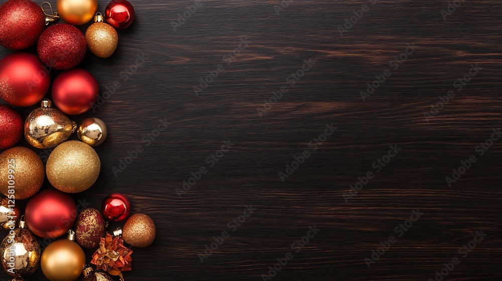 Naklejka premium Festive Christmas Ornament Arrangement on Dark Wood Background Holiday Decorations and Golden Details