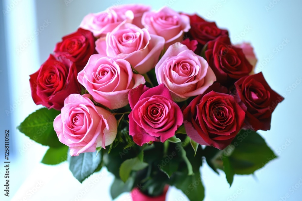Obraz premium Pink roses in a glass vase. Lovely floral arrangement for romance, weddings or special occasions.