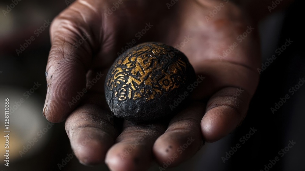 Close-up of an engraved seed held by an artisan. Close-up of an engraved seed held by an artisan.