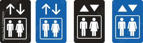 Collection of elevator vector icons with up or down arrows in black and blue color silhouette style. Symbol of advice or road access information for the public. Vector illustration