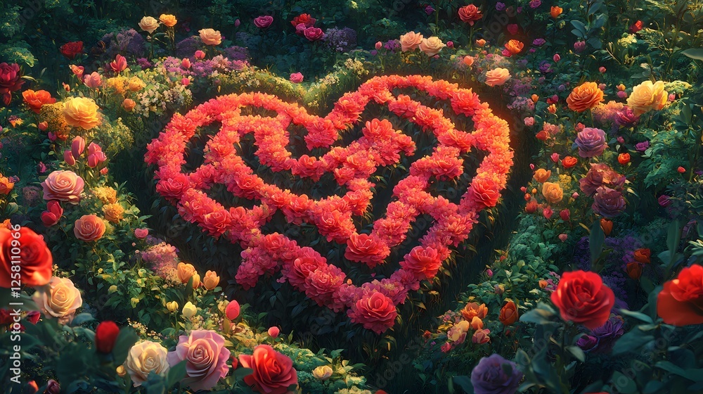 Fototapeta premium Heart-shaped flower maze, vibrant garden filled with colorful blooms, romantic theme ideal for love stories or seasonal events.