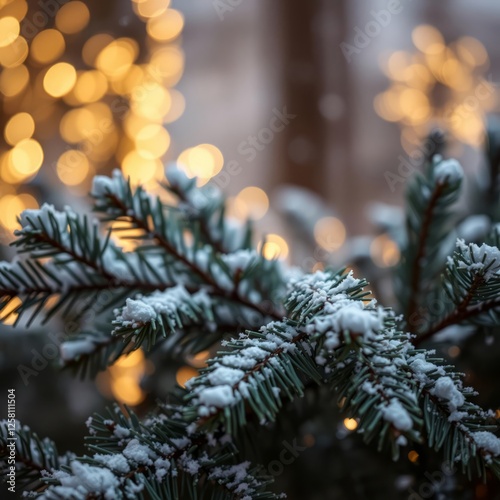 Lush fir branches dusted with snowflakes set against a backdrop of golden festive lights Bokeh light lights background bokeh abstract light bright effect shiny