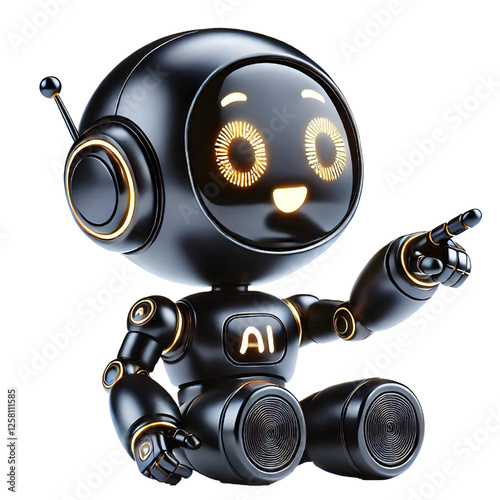 Cute 3D black robot AI with golden eyes pointing and looking up smiling in side view isolated on white background