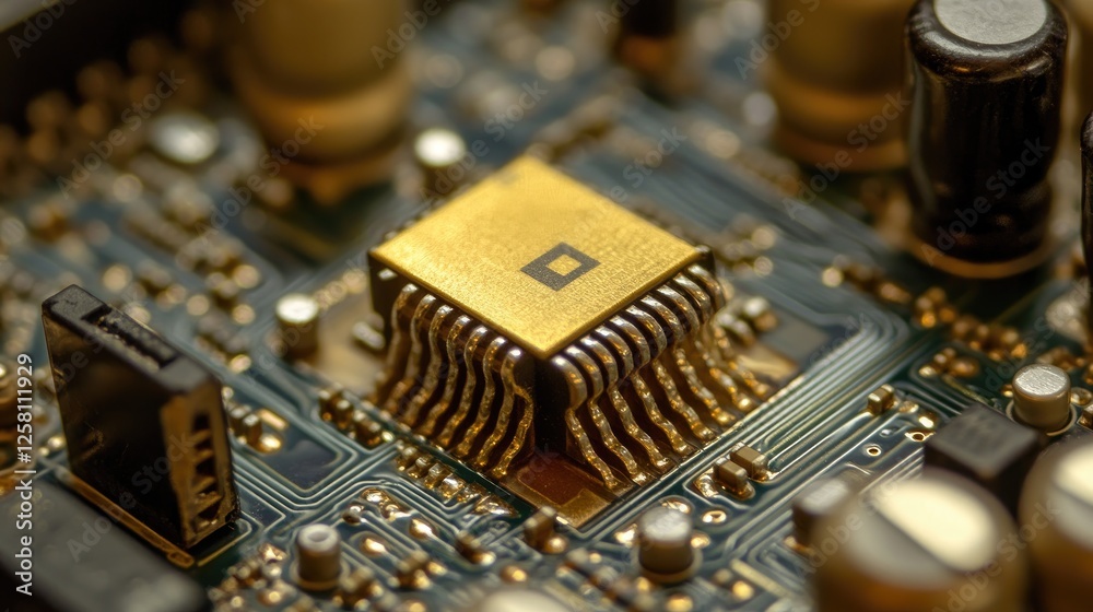 Gold microchip resting on a circuit board, highlighting the delicate, complex connections and advanced technology of the electronic components. Gold microchip resting on a circuit board, highlighting the delicate, complex connections and advanced technology of the electronic components.