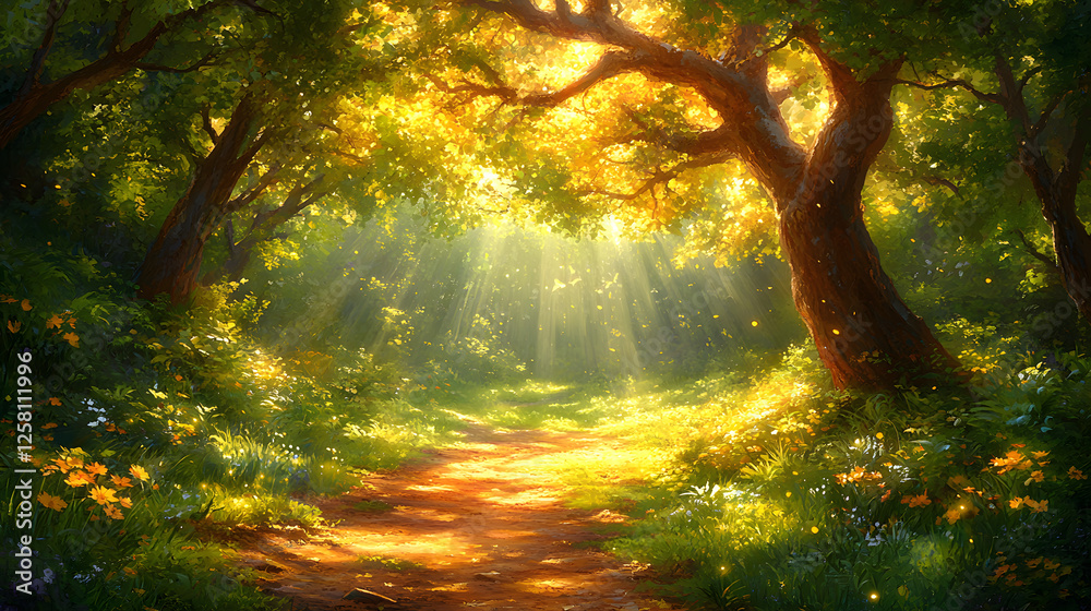 Illuminated Forest Scene with Bird Bathing in Luminescent Light Illuminated Forest Scene with Bird Bathing in Luminescent Light