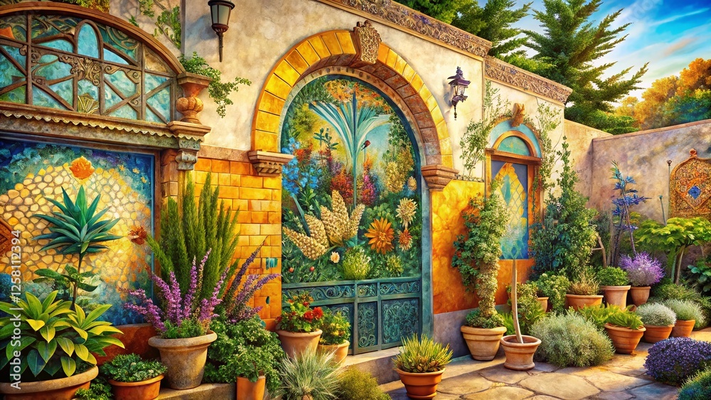 Obraz premium Expressive Watercolor Herbs Mosaic Background Architectural Photography