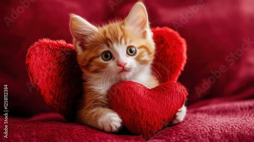 Smiling cute kitten dressed as cupid with fluffy angel wings on soft background holding heart, love and relationship concept for Valentine's Day February 14 and pet adoption themes photo