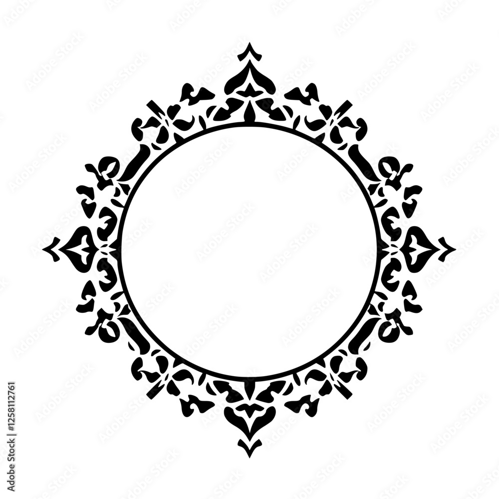 Black Ornamental Circular Frame on White Background: Decorative Border with Ornate Pattern.