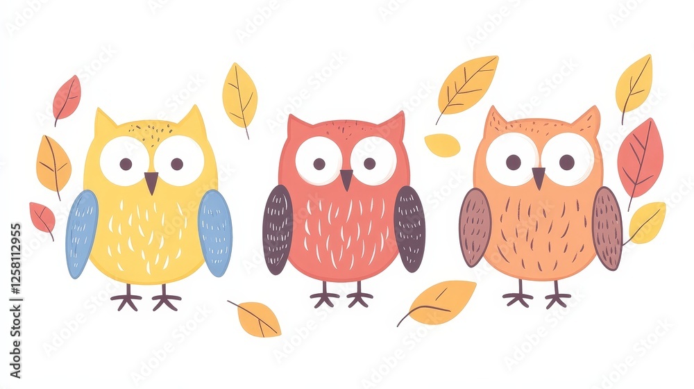 Three Colorful Cartoon Owls Surrounded by Autumn Leaves in a Whimsical Style Three Colorful Cartoon Owls Surrounded by Autumn Leaves in a Whimsical Style