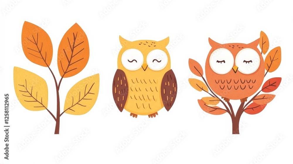Fototapeta premium Cheerful cartoon owls perched on stylized autumn leaves in warm colors