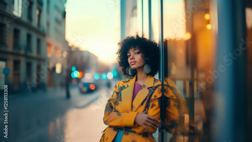 portrait of attractive African American black woman with curly hair walking in street in autumn style fashion colorful outfit wearing printed coat, modern trend accessories