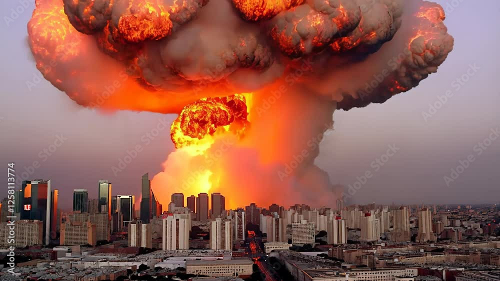 Mushroom cloud rising over generic city buildings in an apocalyptic nuclear explosion simulation showing the expansion of the smoke and fire in six different steps