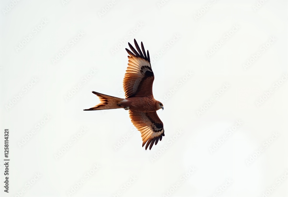 Fototapeta premium Red Kite Flying High Against White Sky with Spread Wings