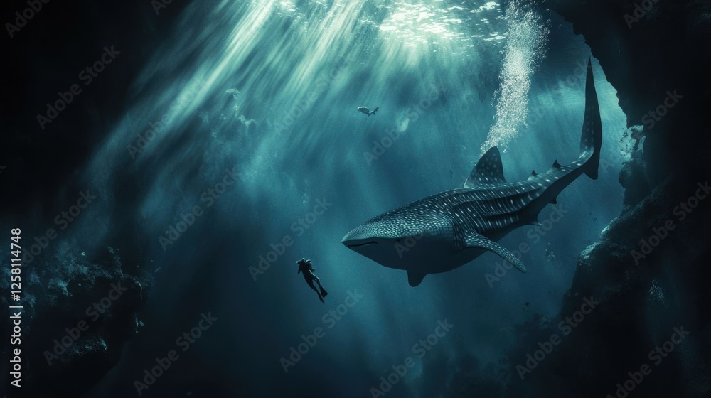 Fototapeta premium Diver swimming with whale shark.