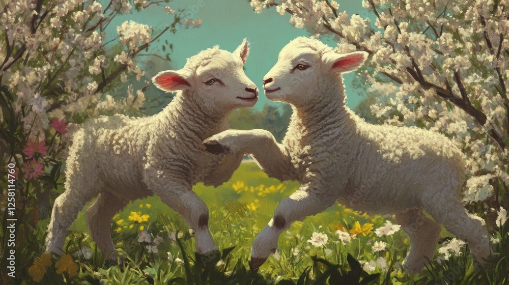 Spring Lambs Frolicking in a Blossoming Meadow Spring Lambs Frolicking in a Blossoming Meadow