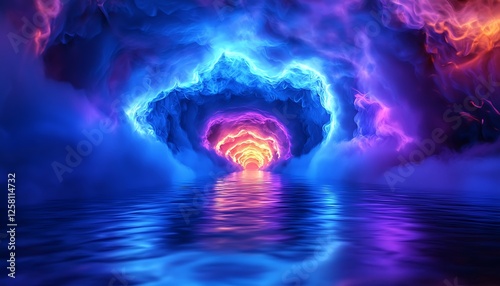 Fototapeta Naklejka Na Ścianę i Meble -  Neon lights forming a glowing tunnel with smoke effects, rendered in ultraviolet and blue hues for a cosmic landscape.