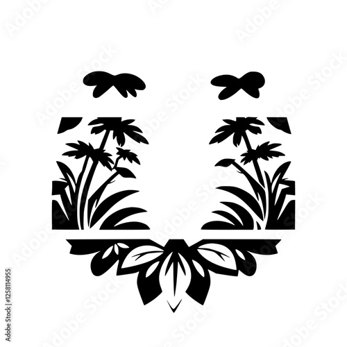 Black cutout of palm trees and tropical plants arranged around a decorative black ornate frame.