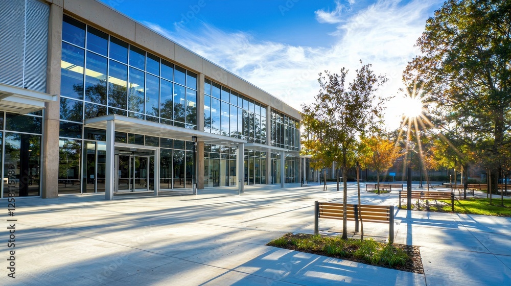 Obraz premium Modern school building with glass windows and brick exterior