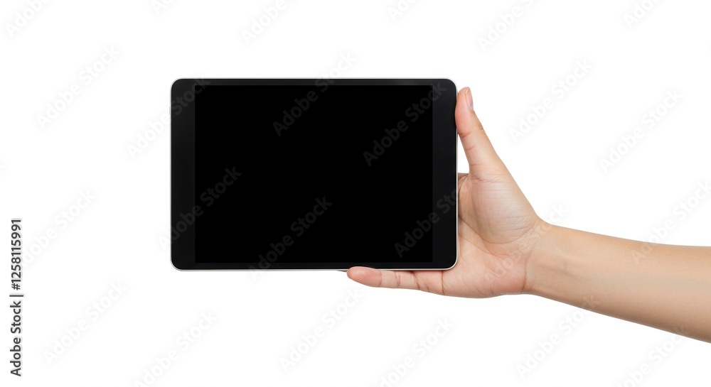 Hand Holding Tablet with Blank Black Screen on White Background Hand Holding Tablet with Blank Black Screen on White Background