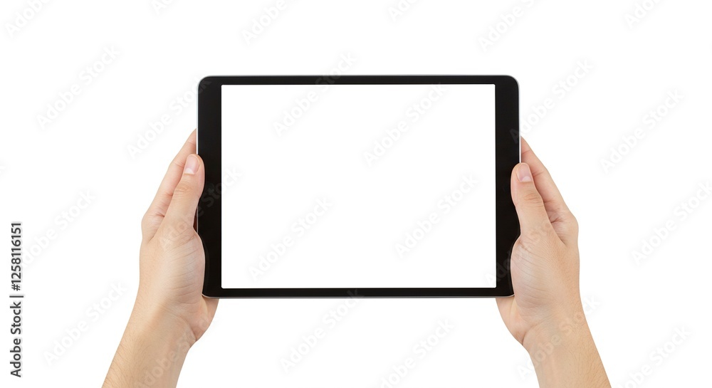 Hands Holding Tablet with Blank White Screen Ready for Your Content Hands Holding Tablet with Blank White Screen Ready for Your Content