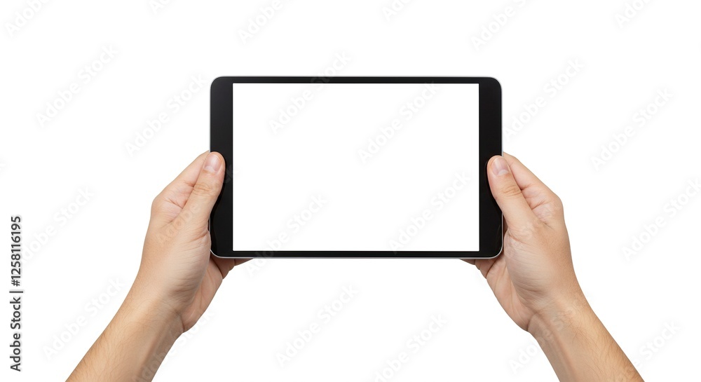 Person Holding Tablet Device with Blank White Screen Display Horizontally Person Holding Tablet Device with Blank White Screen Display Horizontally