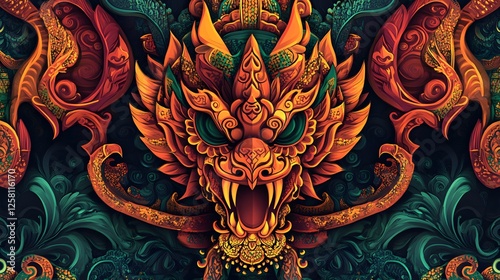 Intricate dragon artwork, vibrant fiery tones with ornate details, showcases mythical beauty for fantasy-themed projects.