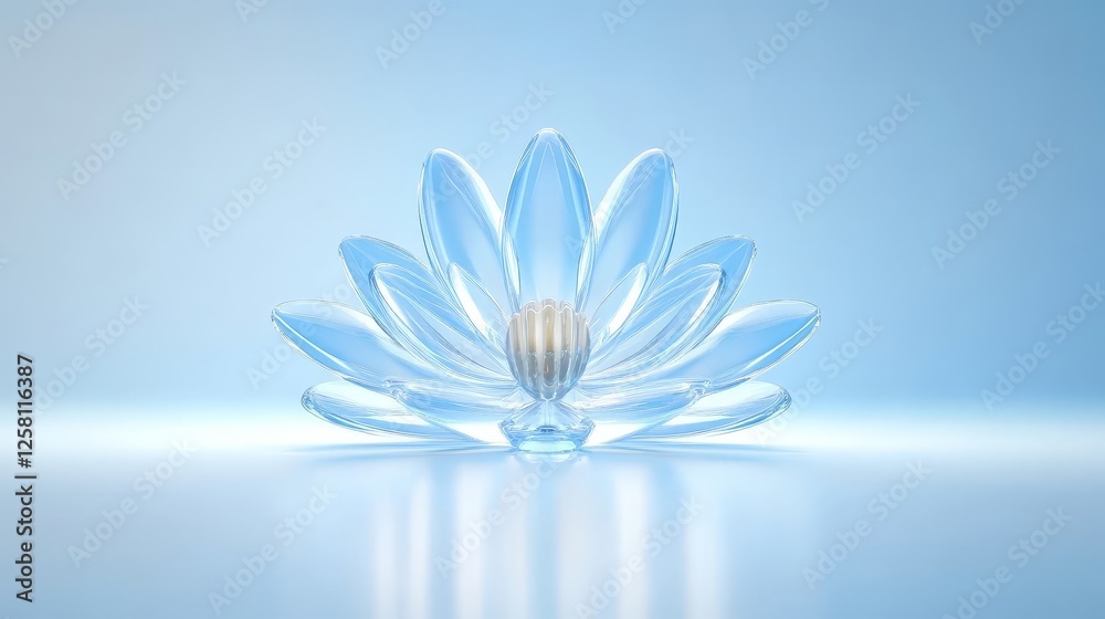 Elegant Glass Lotus Flower With a Shell Center Against a Soft Blue Background Elegant Glass Lotus Flower With a Shell Center Against a Soft Blue Background