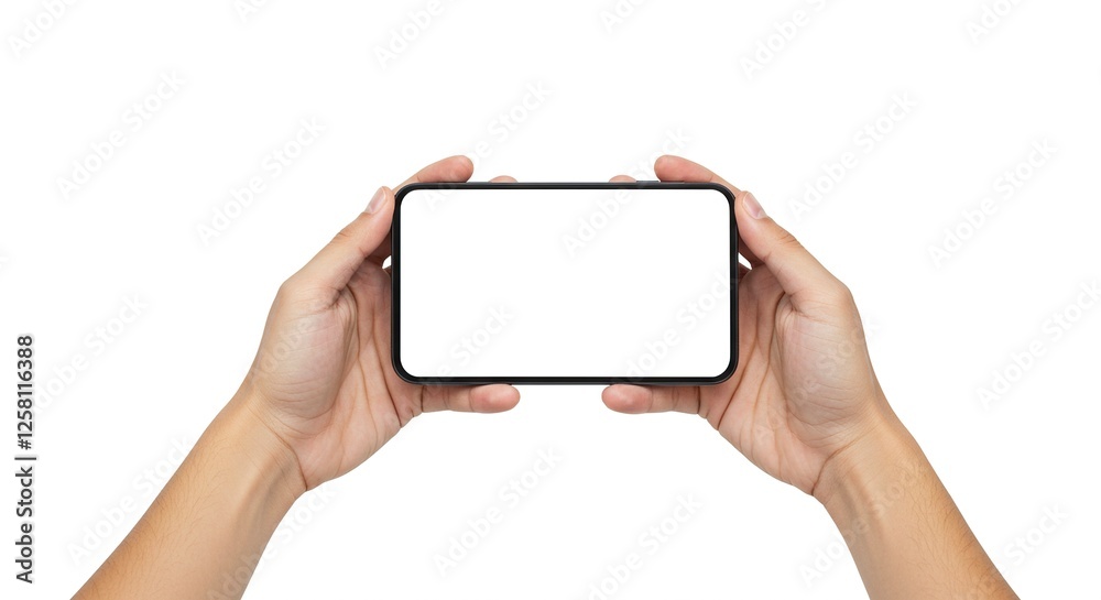 Hands Holding Smartphone with Blank White Screen in Landscape Orientation Hands Holding Smartphone with Blank White Screen in Landscape Orientation