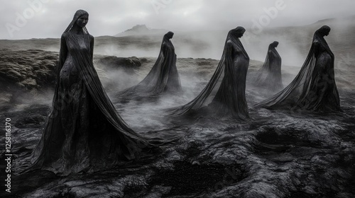 Icelandic sculptures of women in black.
