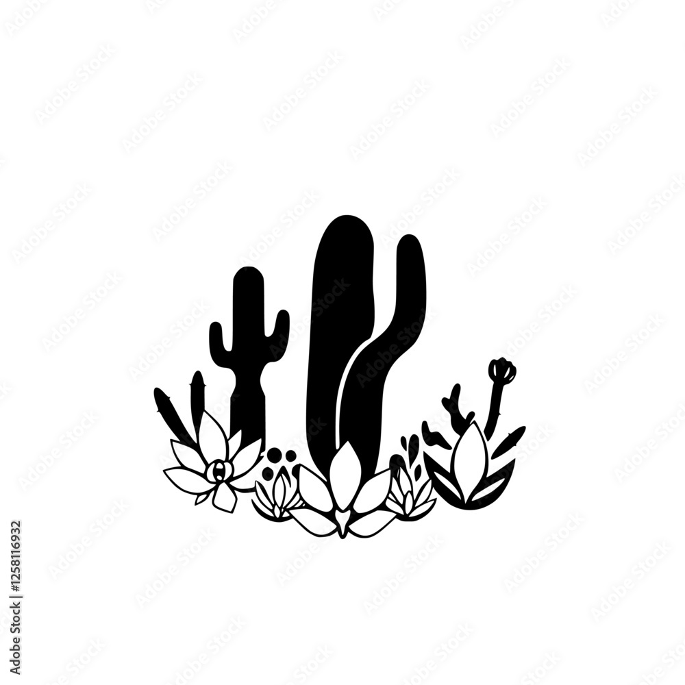 Minimalist Cactus & Floral Arrangement with Simple Black-and-White Outline on White. Minimalist Cactus & Floral Arrangement with Simple Black-and-White Outline on White.