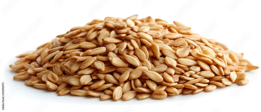 • A small heap of toasted sesame seeds, lightly scattered to reveal their variation in shade, occupies the center of a bright white surface. Strong, diffuse light accentuates their crispness • A small heap of toasted sesame seeds, lightly scattered to reveal their variation in shade, occupies the center of a bright white surface. Strong, diffuse light accentuates their crispness