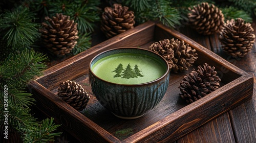 Green matcha latte art garnished with pinecones in a Christmas setting. photo