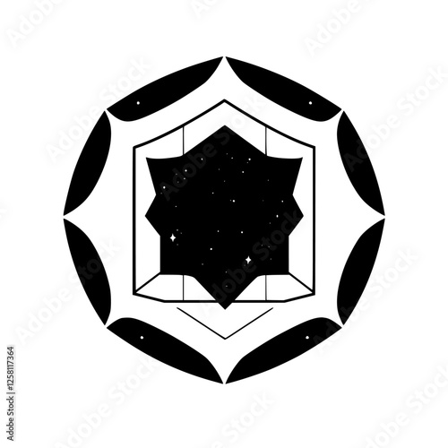 Abstract stylized stargazing, with black stars and a cosmic, space-themed void.