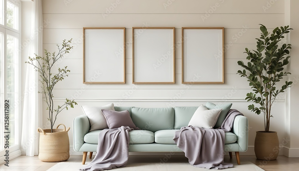 Naklejka premium Modern living room interior design, sofa, plants, frames, peaceful background, home decor