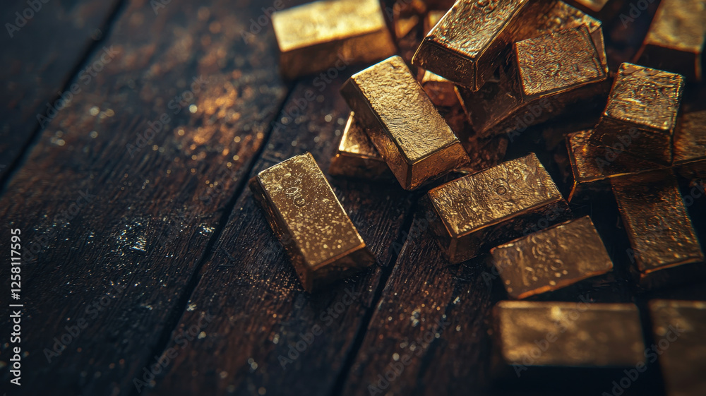 Close up shot of gold bars stacked on dark wooden surface, showcasing their rich texture and shine Close up shot of gold bars stacked on dark wooden surface, showcasing their rich texture and shine