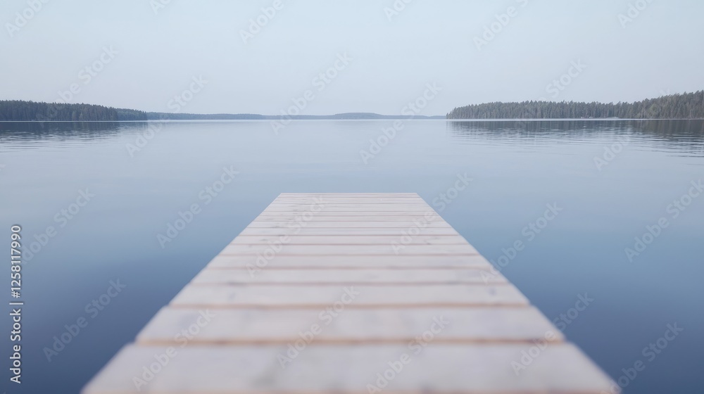 Calm lake dock in morning light Calm lake dock in morning light