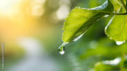 A clear drop of water falls from a fresh green leaf. It is the source of life.