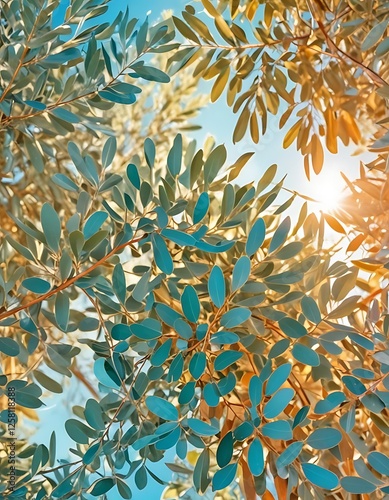 Wallpaper Mural Sunlight Dappled Teal Leaves Against A Blue Sky Torontodigital.ca
