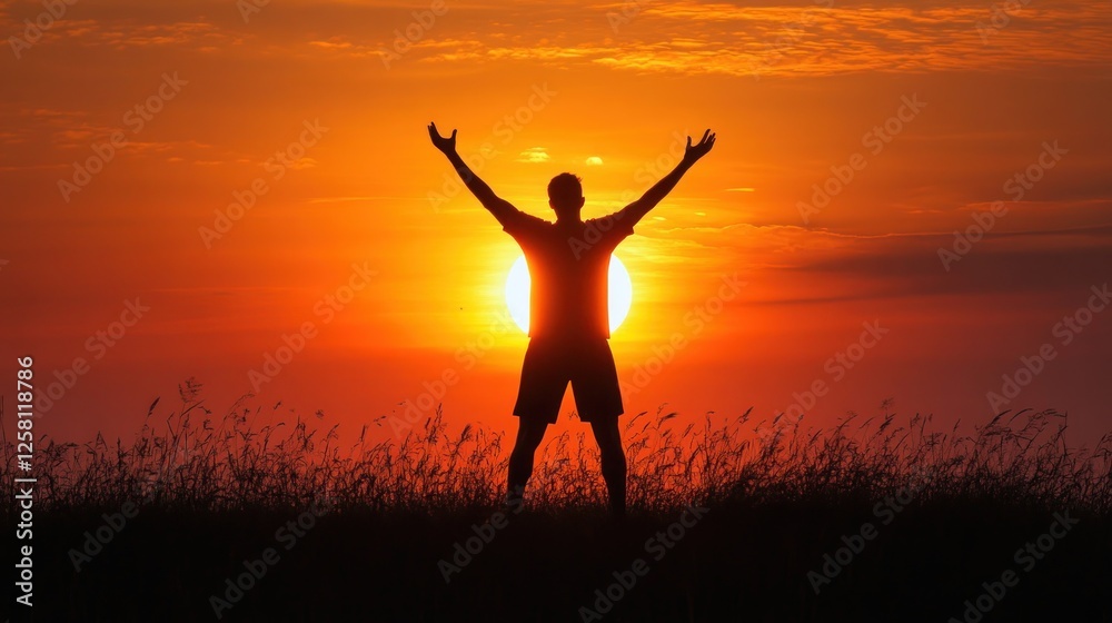 Man silhouetted at sunset, arms raised, celebrating achievement in a grassy field Man silhouetted at sunset, arms raised, celebrating achievement in a grassy field