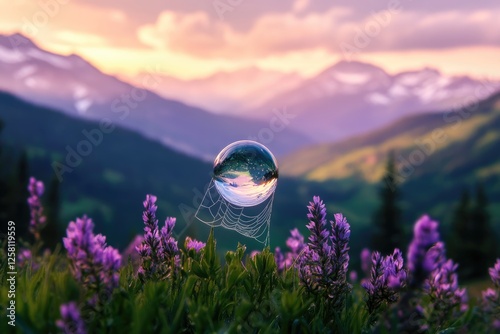 Glass sphere reflects mountain sunset, perched on a spiderweb among purple wildflowers.