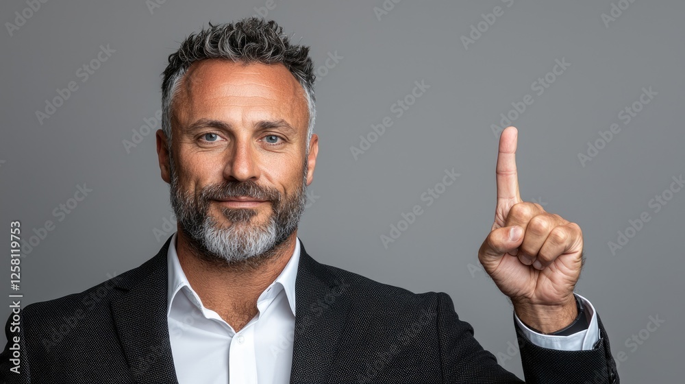Confident businessman pointing up, grey background, idea Confident businessman pointing up, grey background, idea