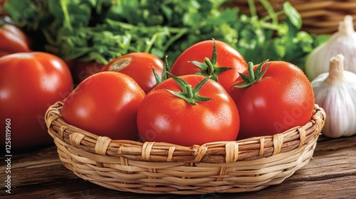 Ripe tomatoes in basket, herbs, garlic; cooking ingredients