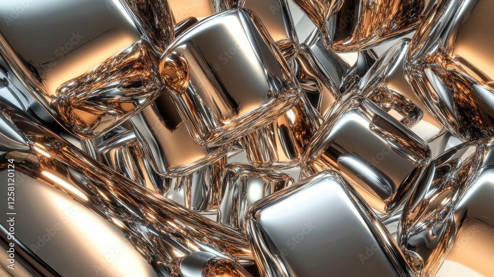 Shiny metallic cubes and cylinders arranged in a complex, interlocking pattern, highlighting their reflective surfaces and dynamic contrasts in an abstract design. Shiny metallic cubes and cylinders arranged in a complex, interlocking pattern, highlighting their reflective surfaces and dynamic contrasts in an abstract design.