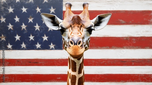 Patriotic Giraffe Portrait American Flag - A friendly giraffe gazing directly at the camera, set against a rustic American flag backdrop. Symbolizing: patriotism, uniqueness, wildlife, national pride photo