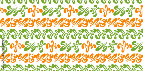 Seamless pattern fun abstract patterns orange and green color. Color splashes in oriental style. Vector endless linear ornament flat style on white background. Print on fabric, cover, decor, construct