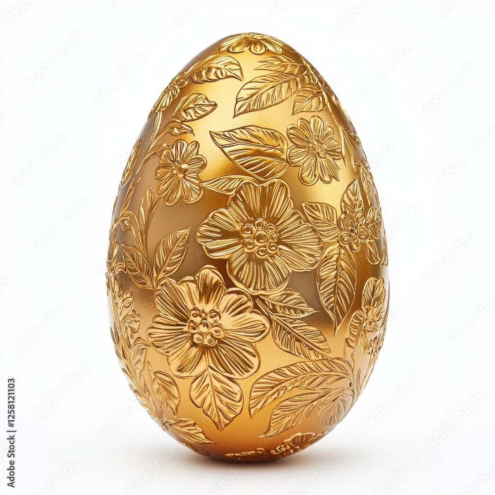 An elegant, golden Easter egg adorned with a detailed floral pattern, perfect for springtime celebrations, isolated on a pure white background. An elegant, golden Easter egg adorned with a detailed floral pattern, perfect for springtime celebrations, isolated on a pure white background.